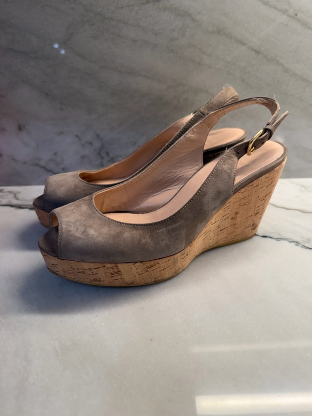 Stuart Weitzman Taupe Suede Cork Wedge Slingback Peep-Toe Sandals